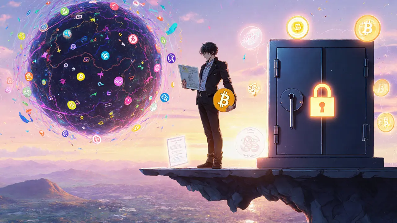 Protagonist contemplating SideSwap versus larger DEXs, holding Bitcoin and security tokens.