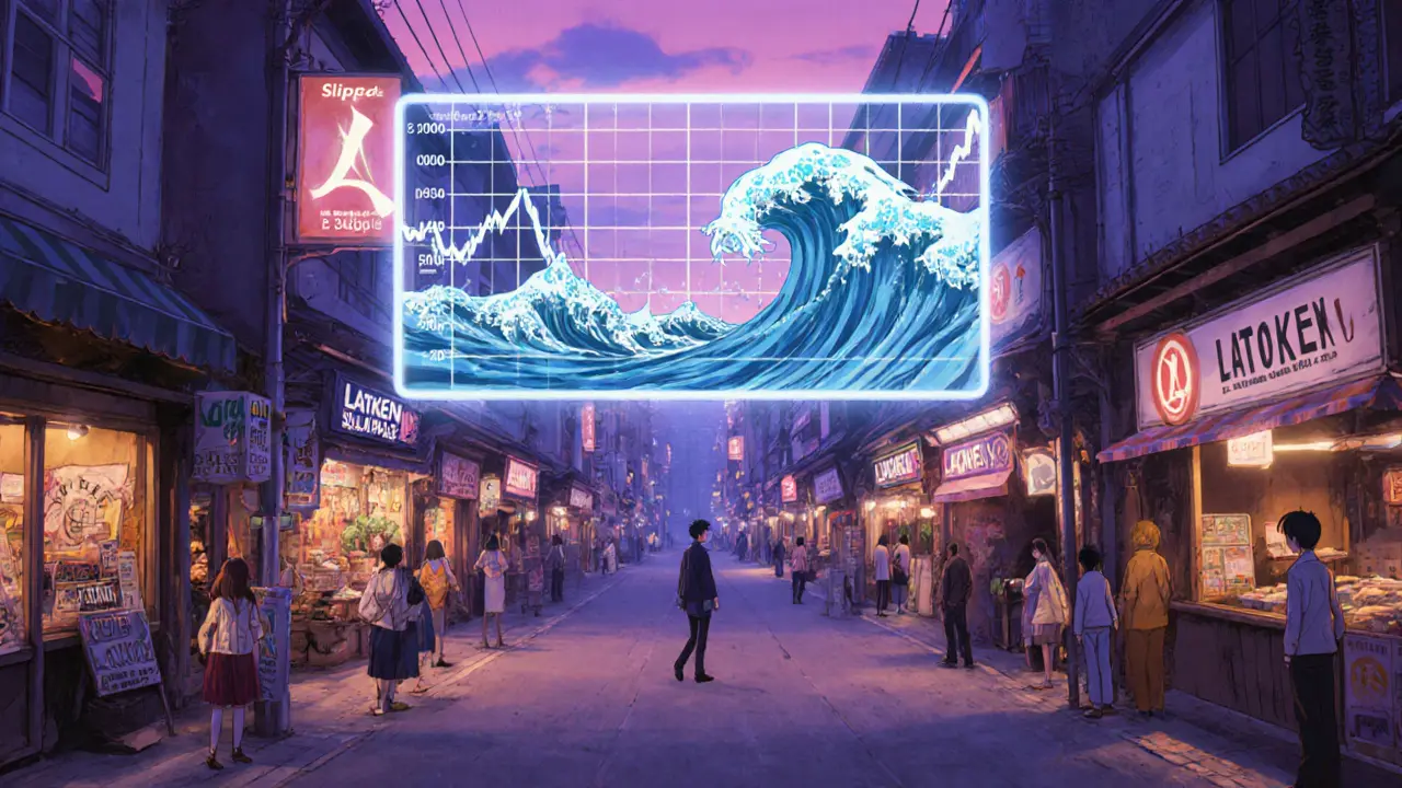 Sparse anime market scene on LATOKEN showing wide price gaps and slippage.