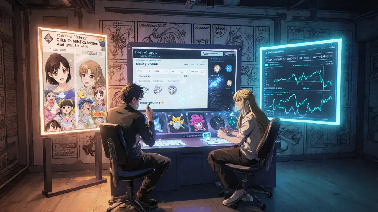 Anime creators using PaintSwap&#039;s minting tools, launchpad, and fNFT analytics on a studio floor.