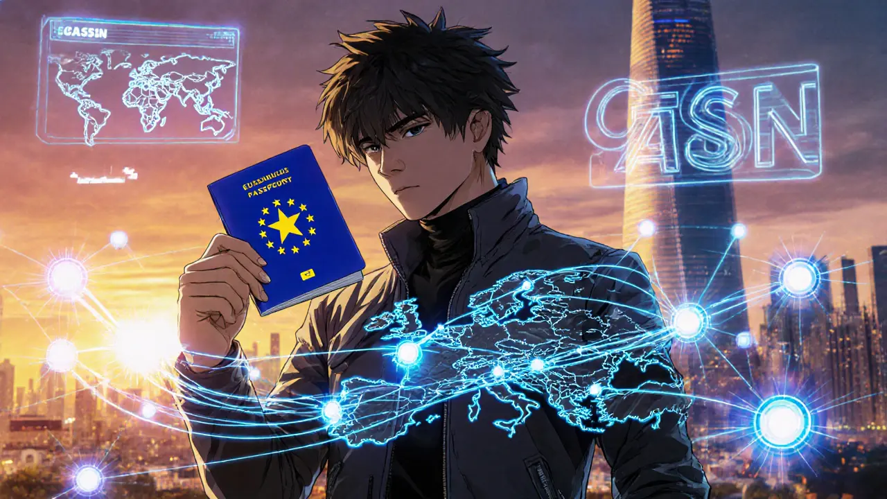 Anime hero holding a glowing EU passport with digital ribbons linking European cities.