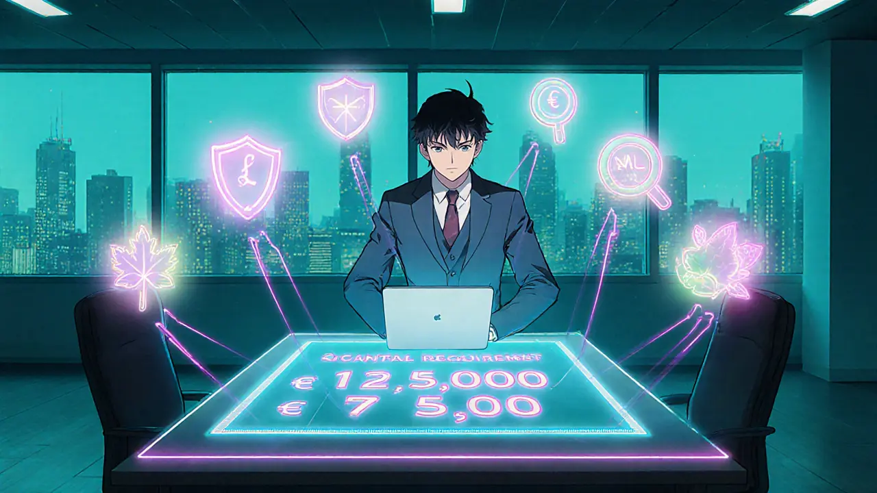 Anime office scene showing director with holographic capital chart and compliance icons.