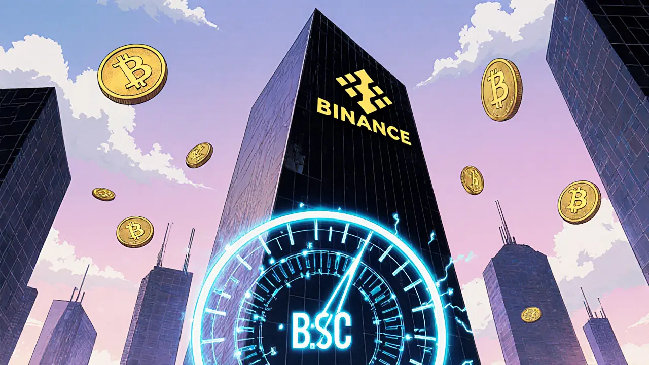 Futuristic DeFi tower with BSC logo, stablecoins, and a 0% interest gauge representing Fluity.