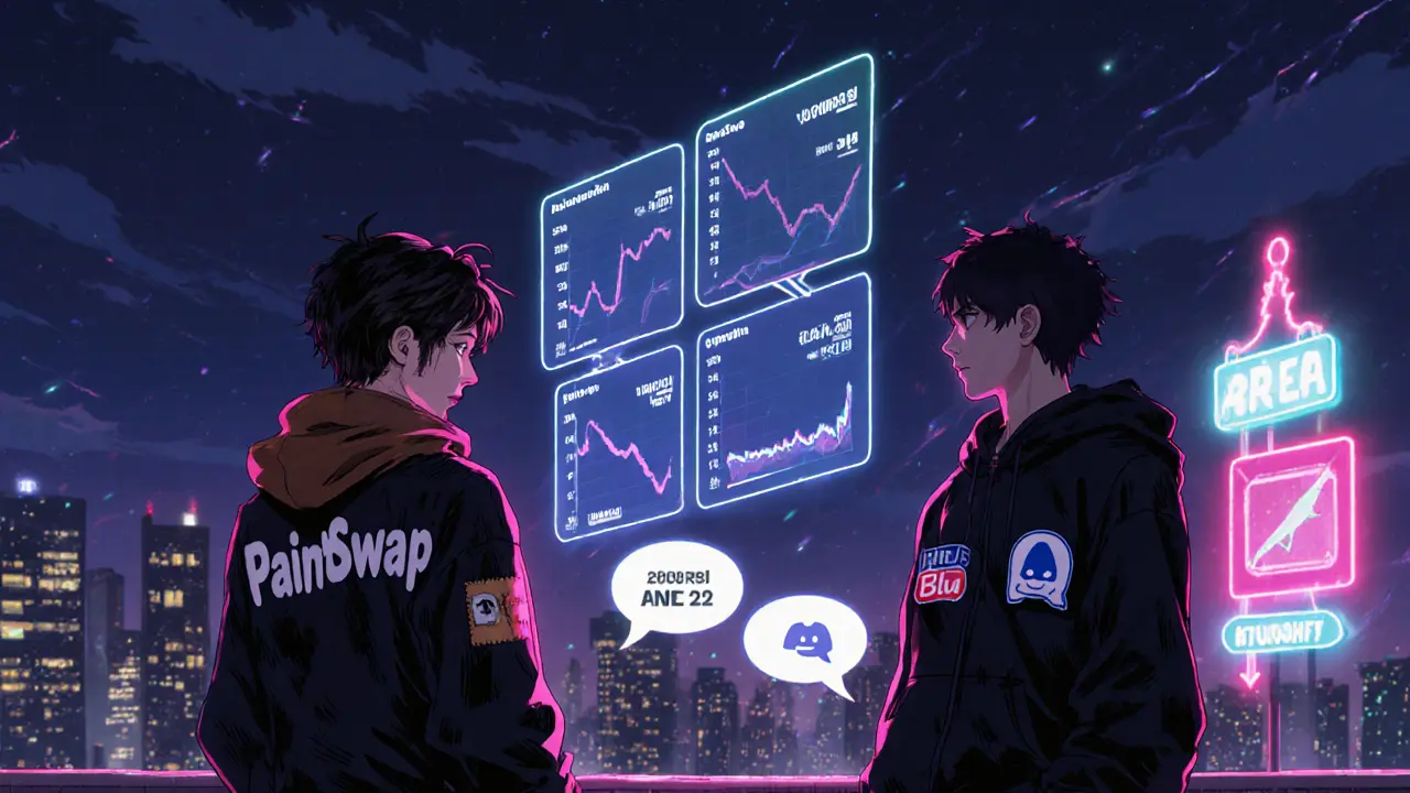 Rooftop anime characters comparing PaintSwap&#039;s metrics with OpenSea and Blur under neon lights.