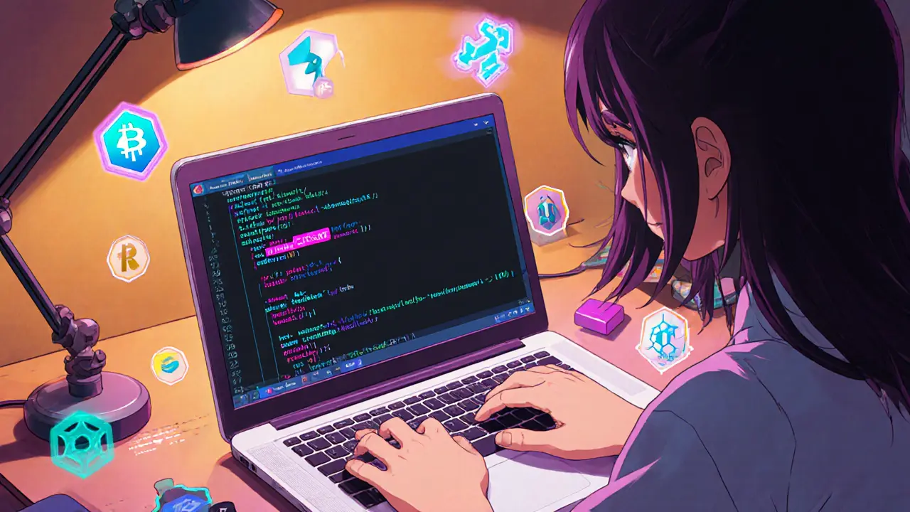 Anime character coding a Solidity token in Remix IDE with tech icons.