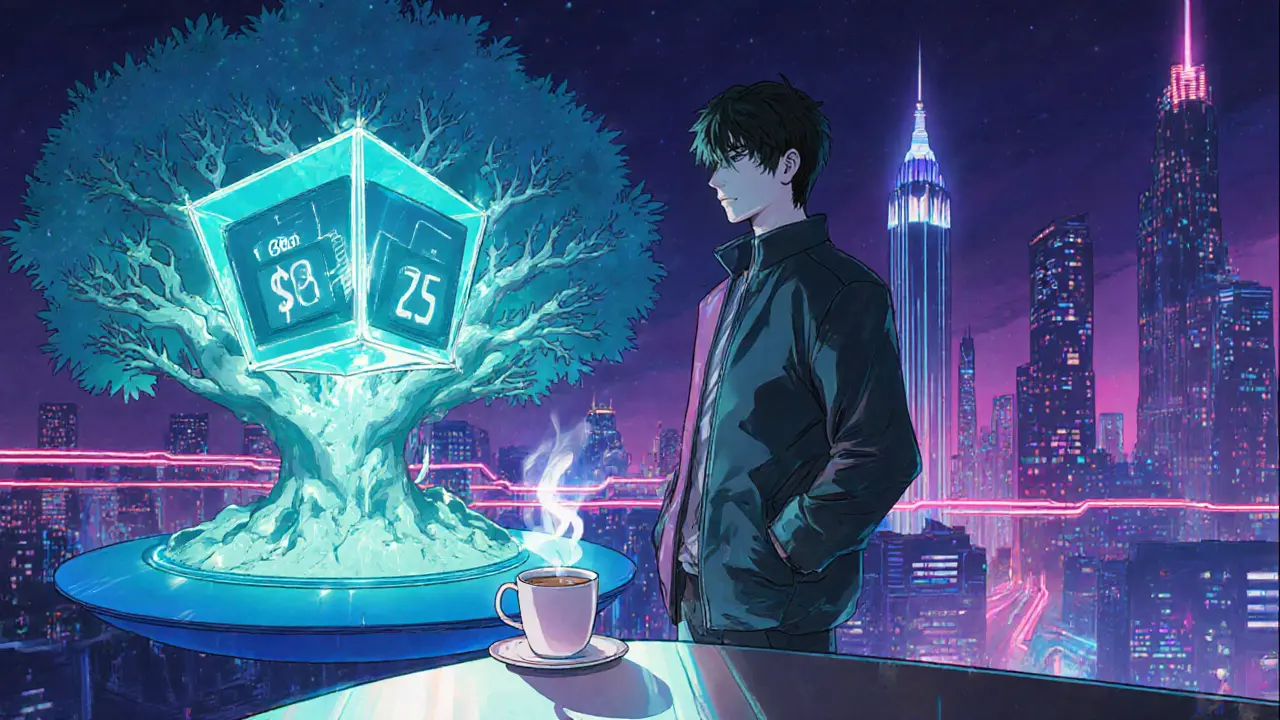 Futuristic hero on a Verkle‑tree platform with low gas fee readout and neon city.