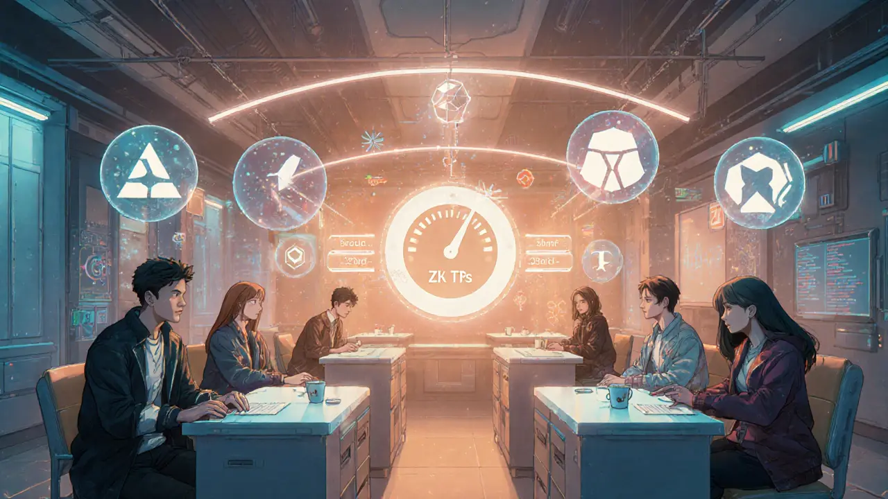 Futuristic lab where developers oversee holographic bridges and a 100k TPS proof display.