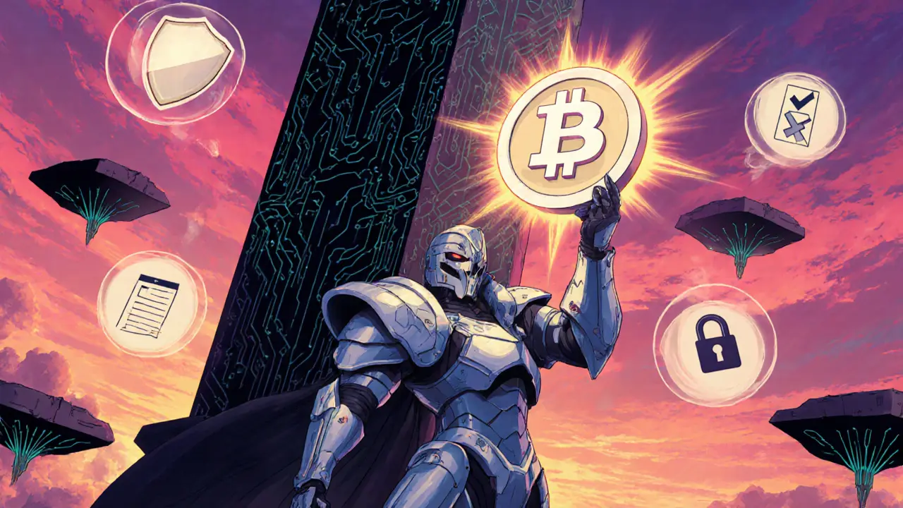 Heroic figure holding a glowing token before a blockchain tower.