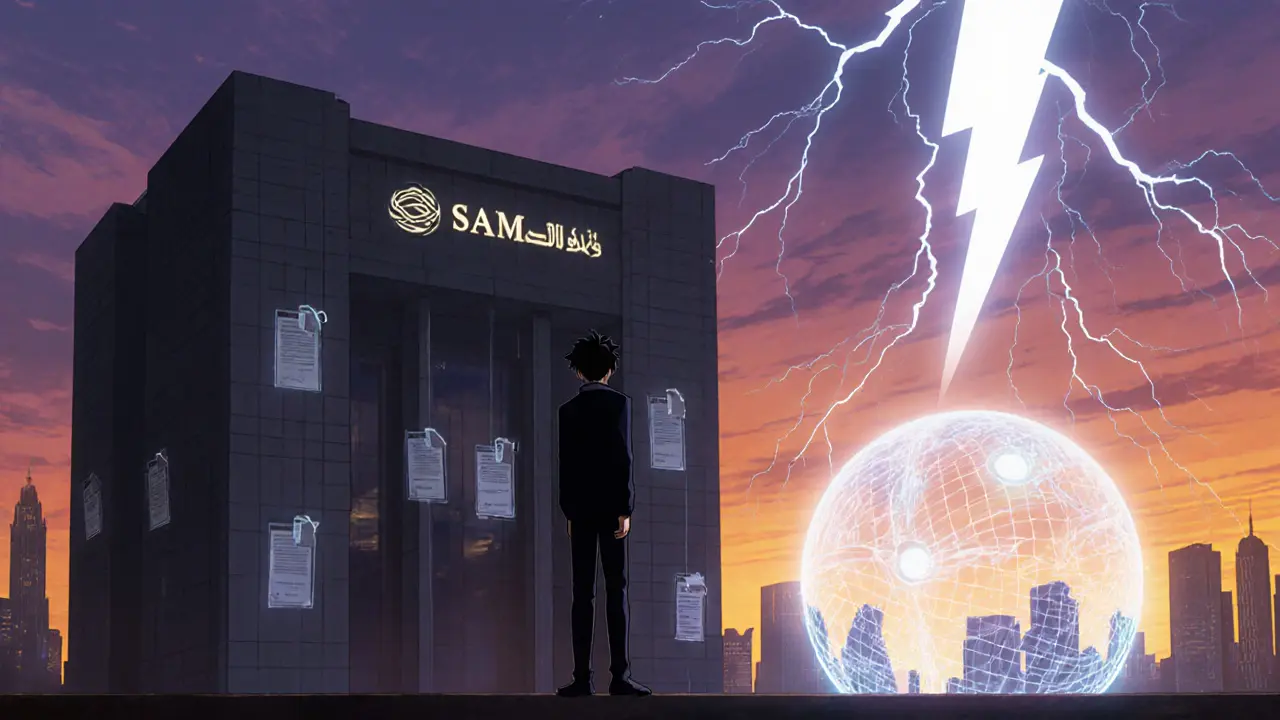 Rooftop view of SAMA building with holographic Saudi crypto exchange hub.