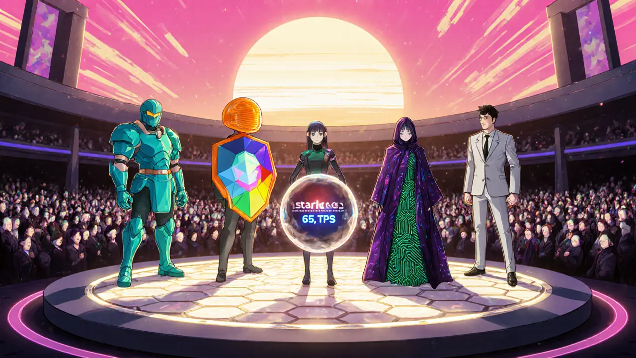 Six anime mascots representing major Layer 2 rollups hold glowing TPS orbs in a arena.