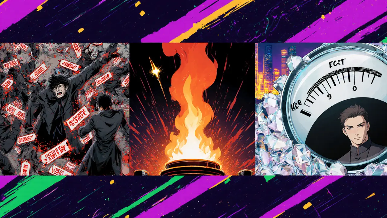 Three‑panel timeline shows chaotic auction, EIP‑1559 split fee, and Dencun upgrade.