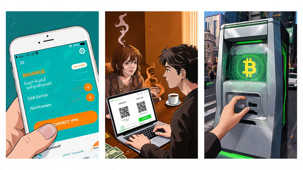 Three panels: Binance app on phone, P2P coffee exchange, crypto ATM dispensing Bitcoin.