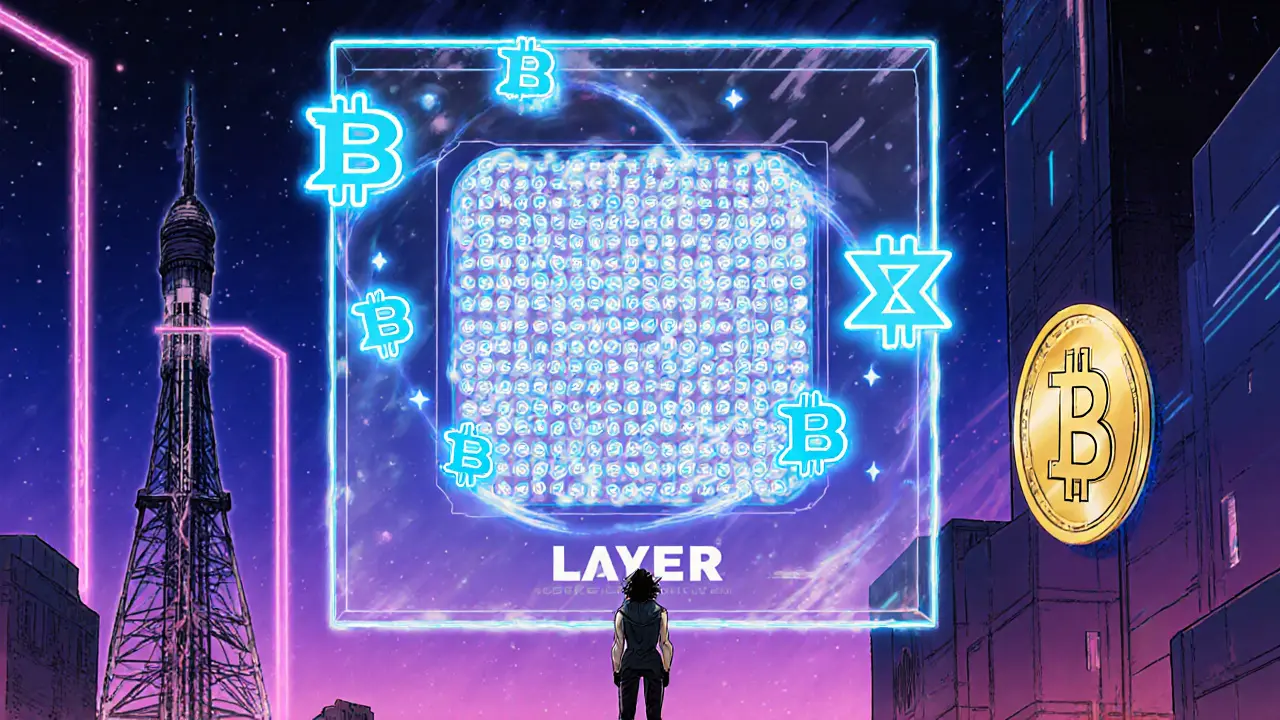 Anime scene of a block producer with glowing ZK‑SNARK proof and Taproot Bitcoin coin linking Layer2 block.