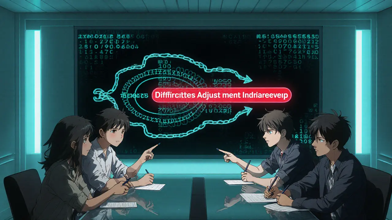 Conference room with digital wall highlighting genesis timestamp and difficulty algorithm.