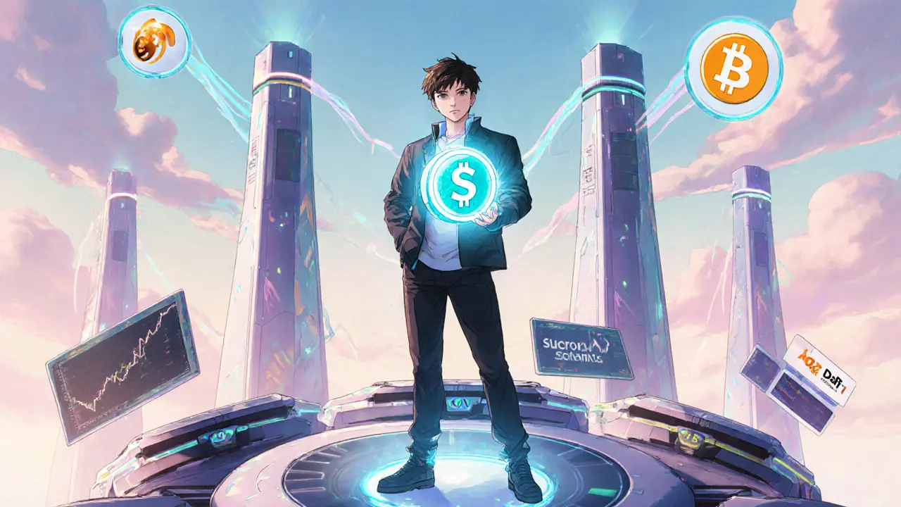 Developer holds a glowing SAVM token atop a futuristic DeFi hub with validator towers in 90s anime aesthetic.