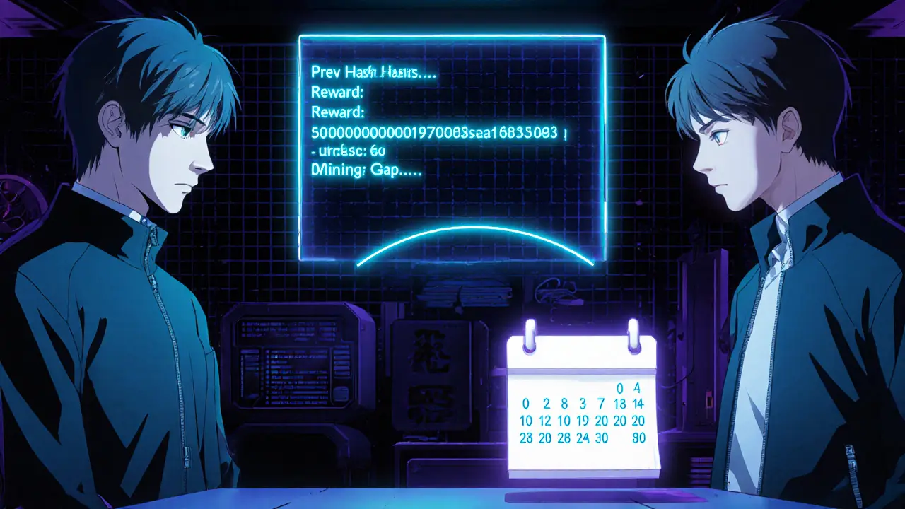 Holographic display of genesis block data showing zero hash, unspendable reward, and six‑day gap.