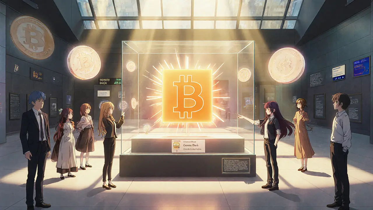 Museum exhibit with glowing genesis block model, visitors, and NFT symbols.