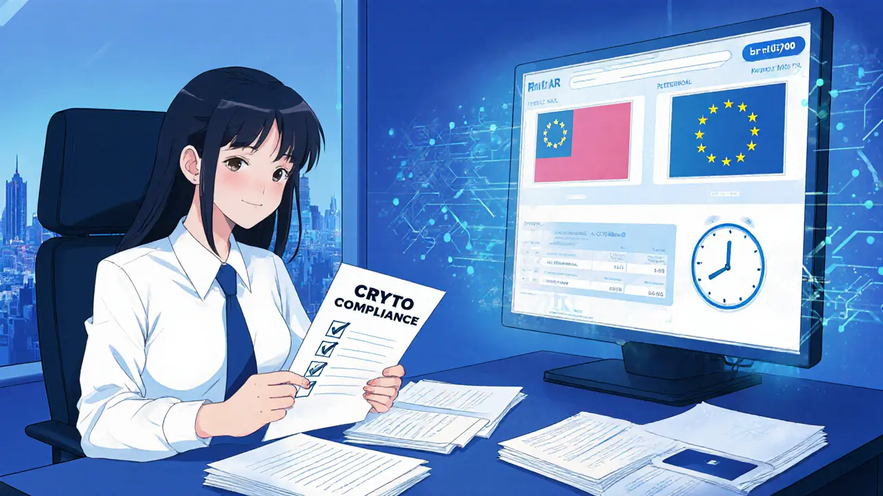 Professional reviewing crypto tax checklist in a futuristic office.