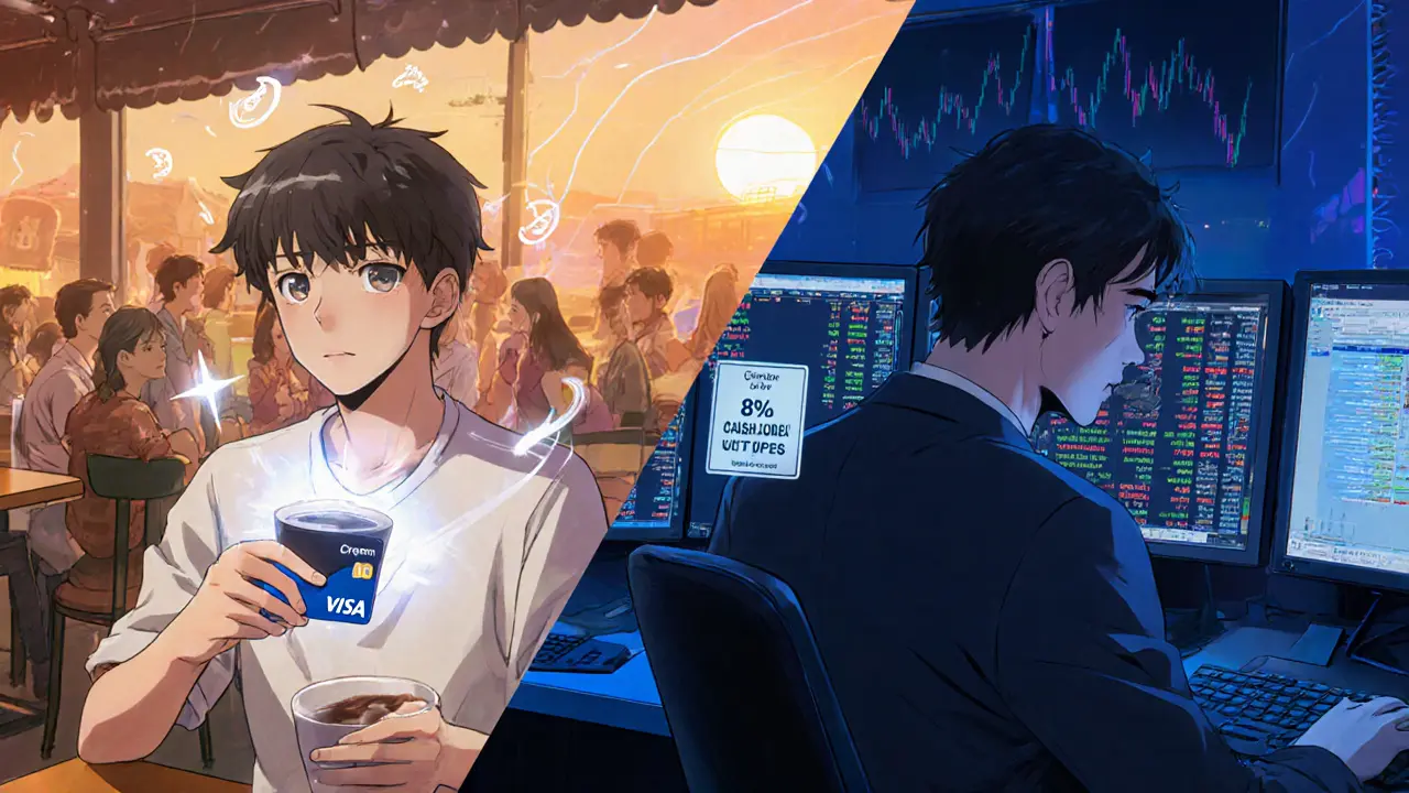Split scene: cafe user with Visa card vs. trader at monitors looking thoughtful.