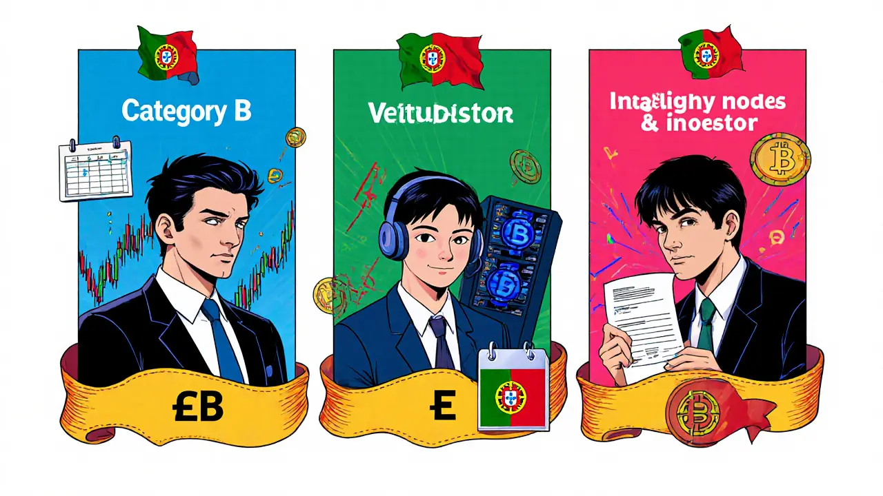 Three‑panel anime showing trader, validator, and investor for tax categories.