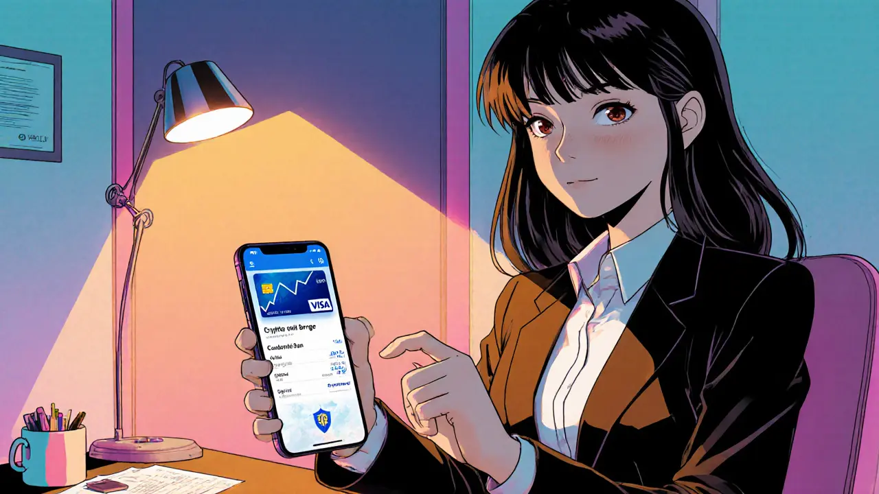 Woman holds phone showing Crypto Earn, Visa card, and security shield in app.