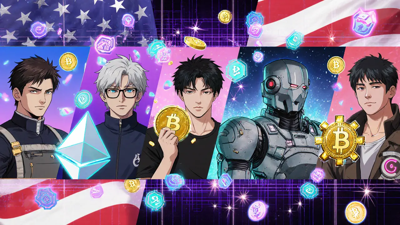 Anime avatars for Ethereum, Algorand, Gnosis, Flux, and Bitcoin surrounded by floating crypto icons.
