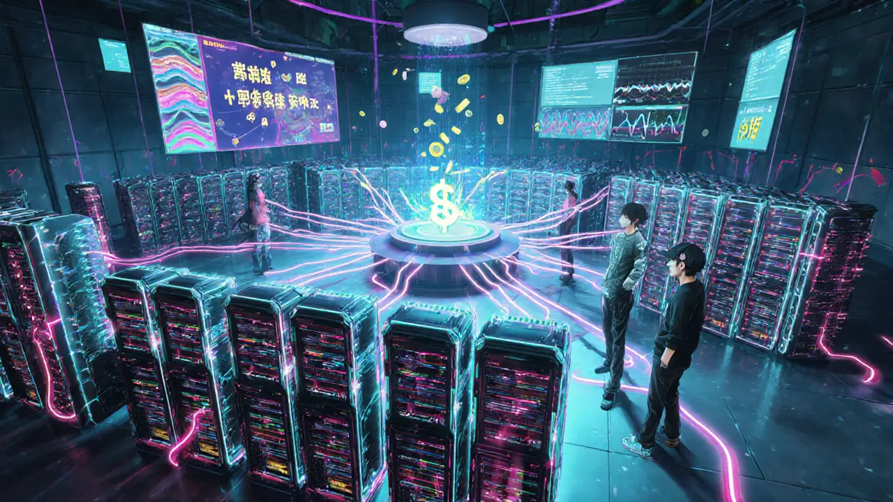 Anime lab with GPU rigs, holographic AI models, and ENQAI tokens flowing between them.