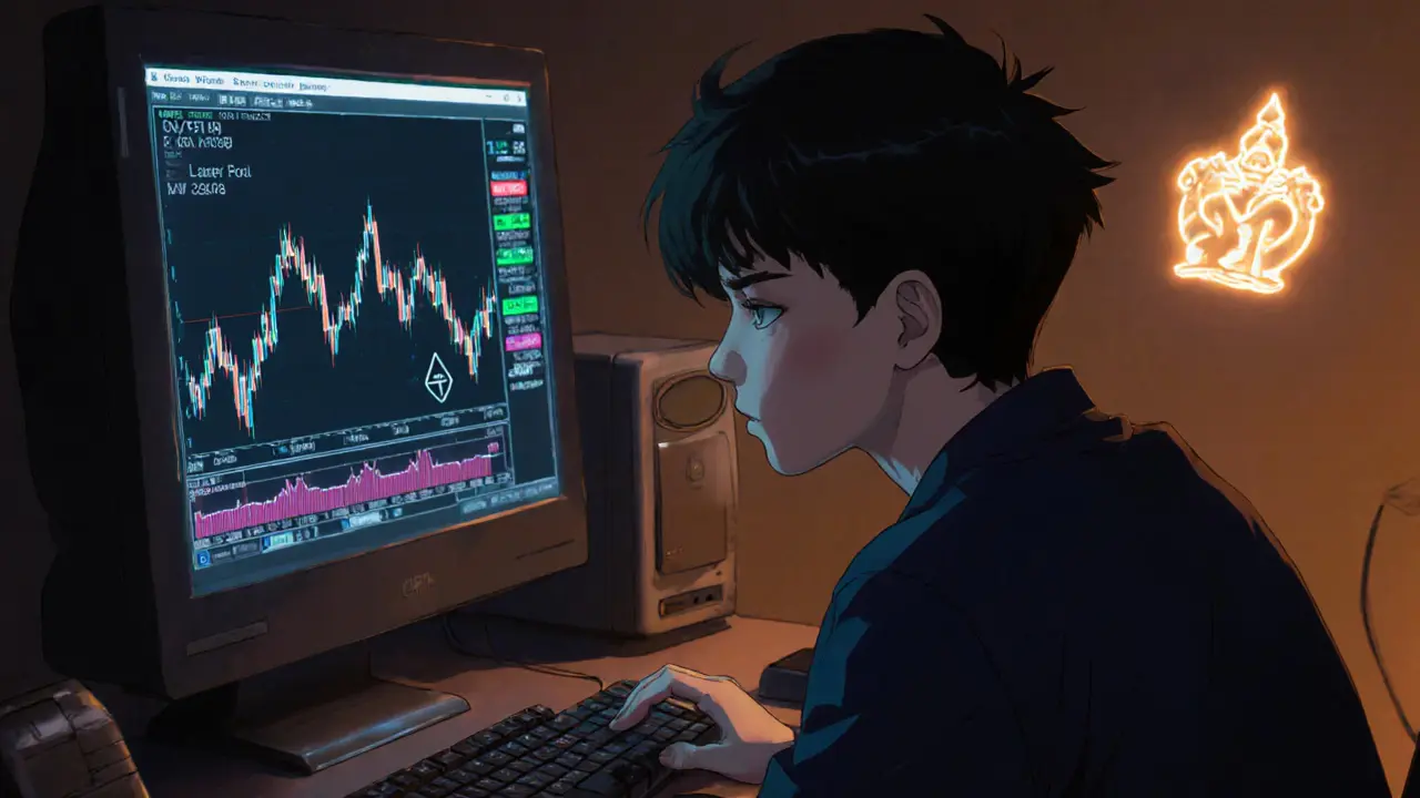 Anime trader watches a low‑liquidity CFI/ETH chart on a retro computer screen.