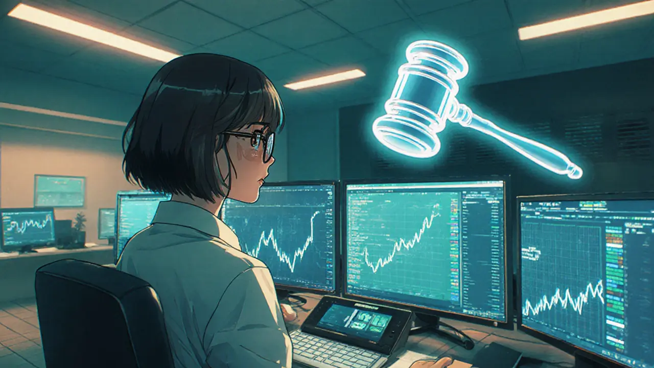 Crypto exchange office where a compliance officer reviews glowing transaction screens.