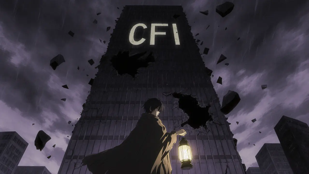 Figure stands before a crumbling CFI tower under a stormy sky, symbolizing risk.