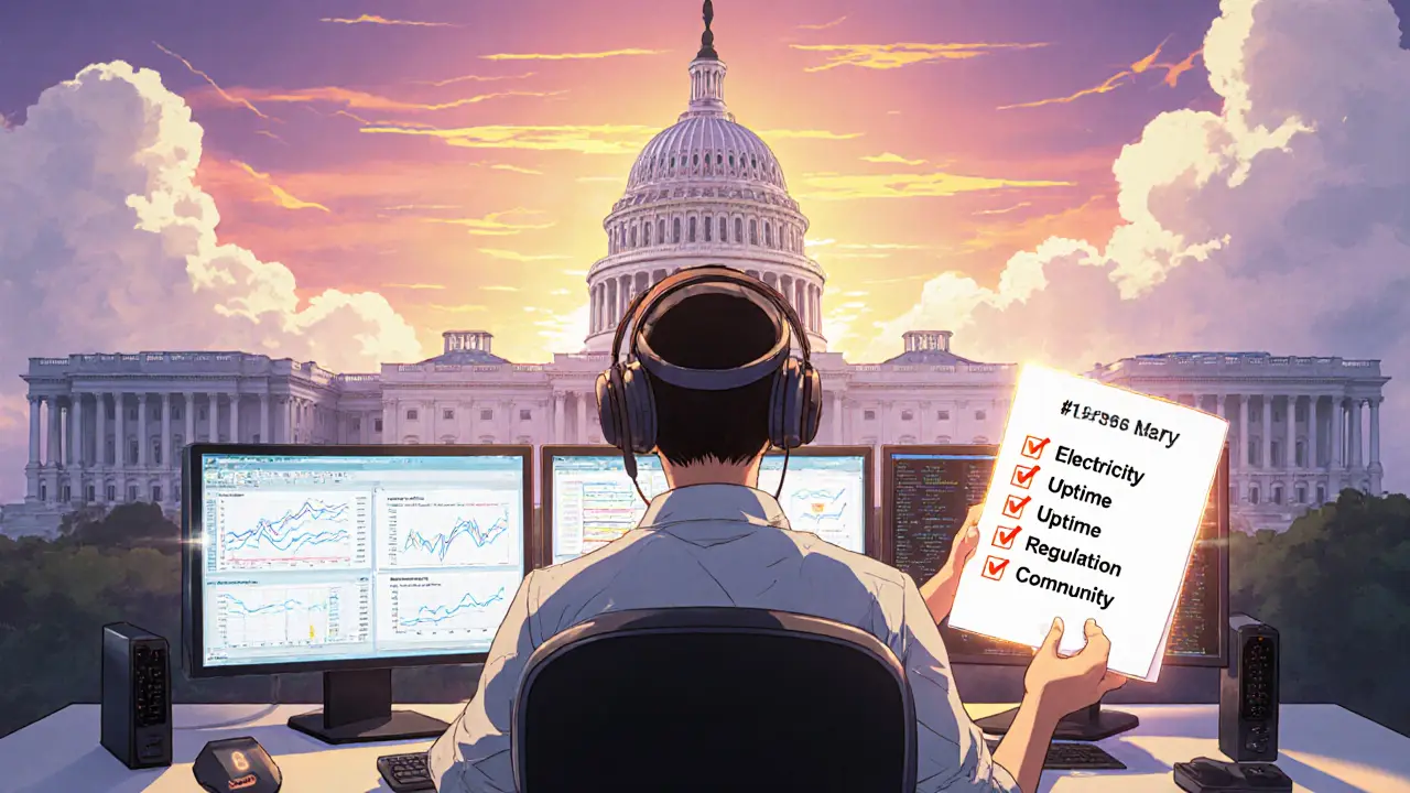 Node operator checking a glowing checklist at a desk with charts, U.S. Capitol silhouette in background.