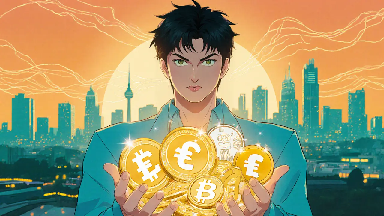 Protagonist holds glowing compliant stablecoins against a sunrise city backdrop.