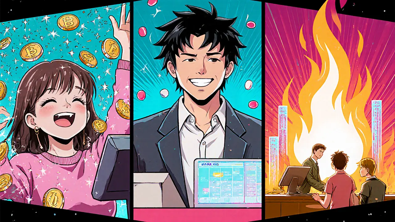 Three‑panel anime view of fee split: consumer receives tokens, merchant gets discount, coins burn and developers receive data.