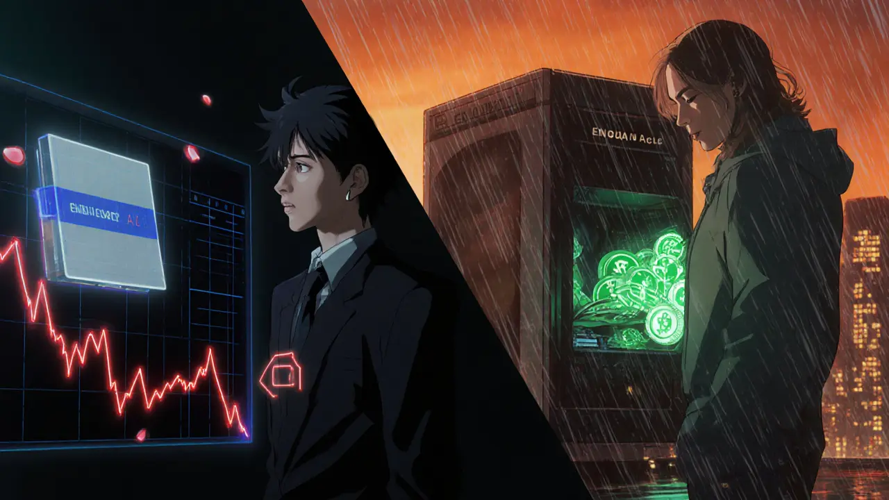 Trader watching a falling ENQAI chart beside a hopeful developer with a GPU rig.