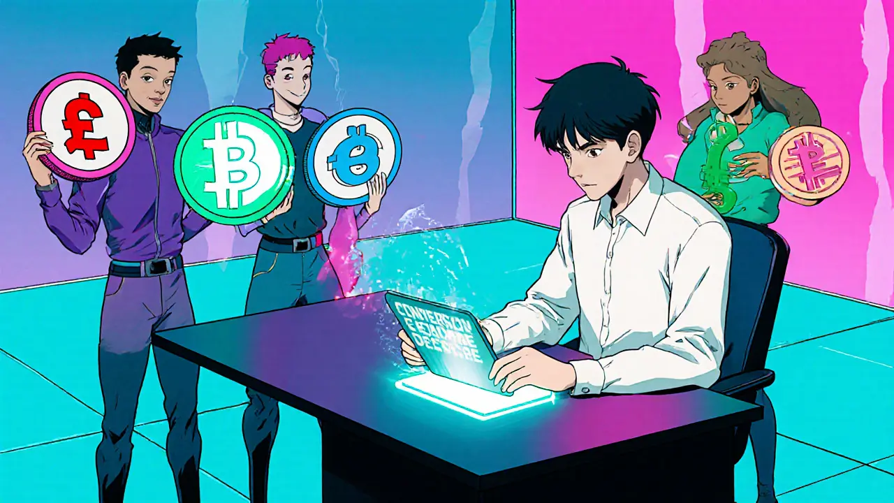 User receives a holographic notification to convert USDT, exchange characters nearby.