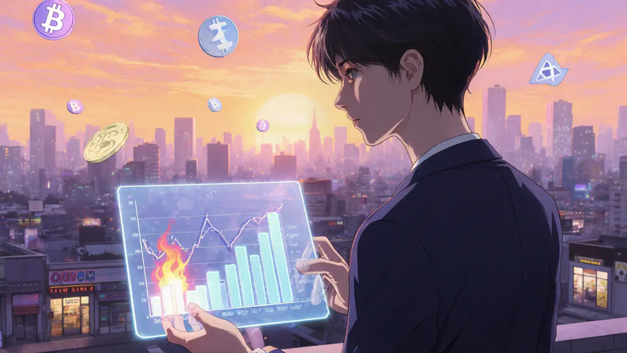 Young analyst on rooftop watches futuristic city, holographic chart shows low liquidity and burning tokens.
