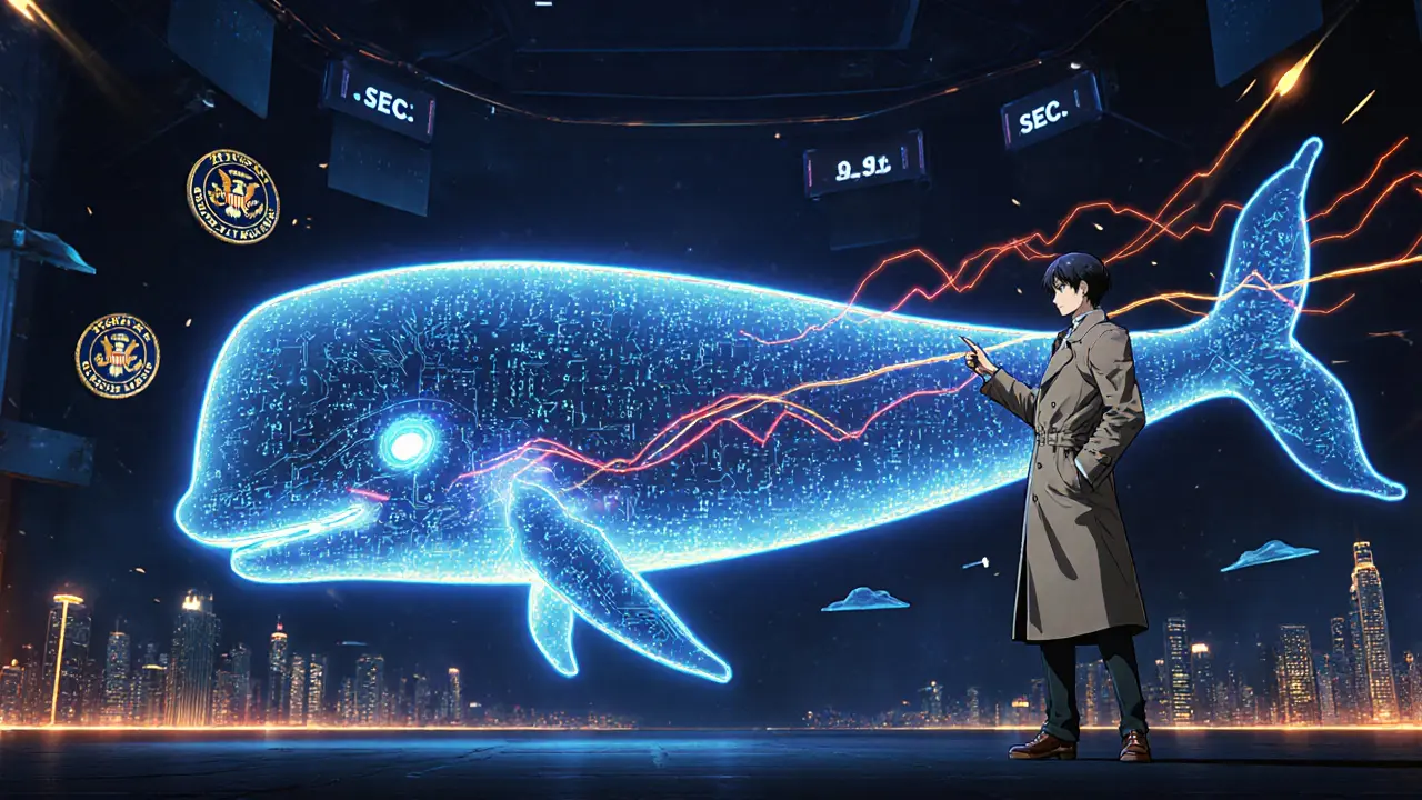 AI robot and analyst view holographic whale data in futuristic setting.