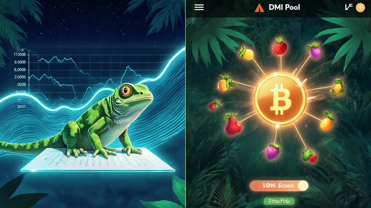Anime scene of a digital market index chart with a basket of tokens, an iguana perched on a glowing ledger, and DMI pool visuals.