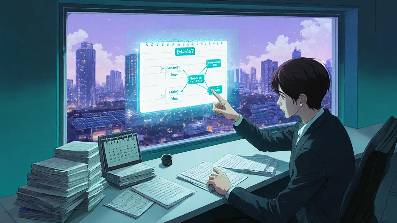 Anime strategist in a futuristic office reviews crypto records and a holographic 2029 roadmap overlooking Bangkok.