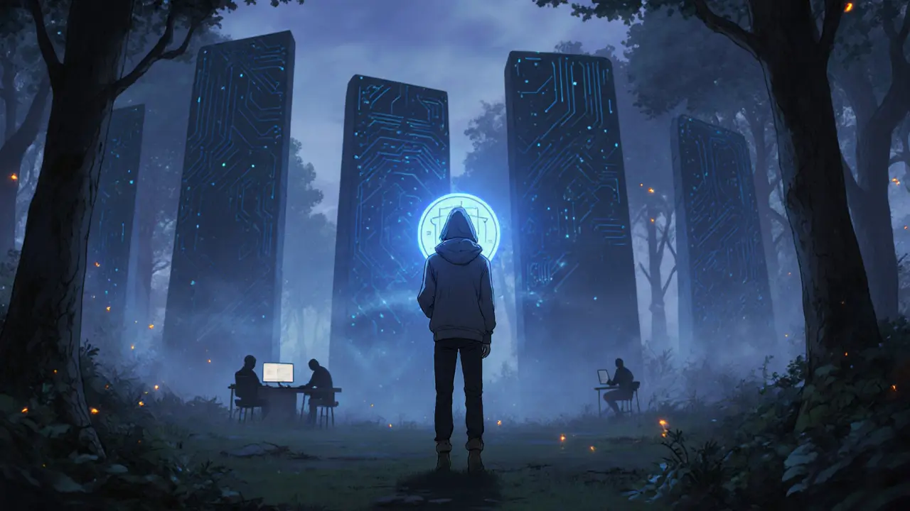 Anime trader stands in a rainforest clearing holding a glowing IGN token, with Etherlink block symbols and subtle risk cues.