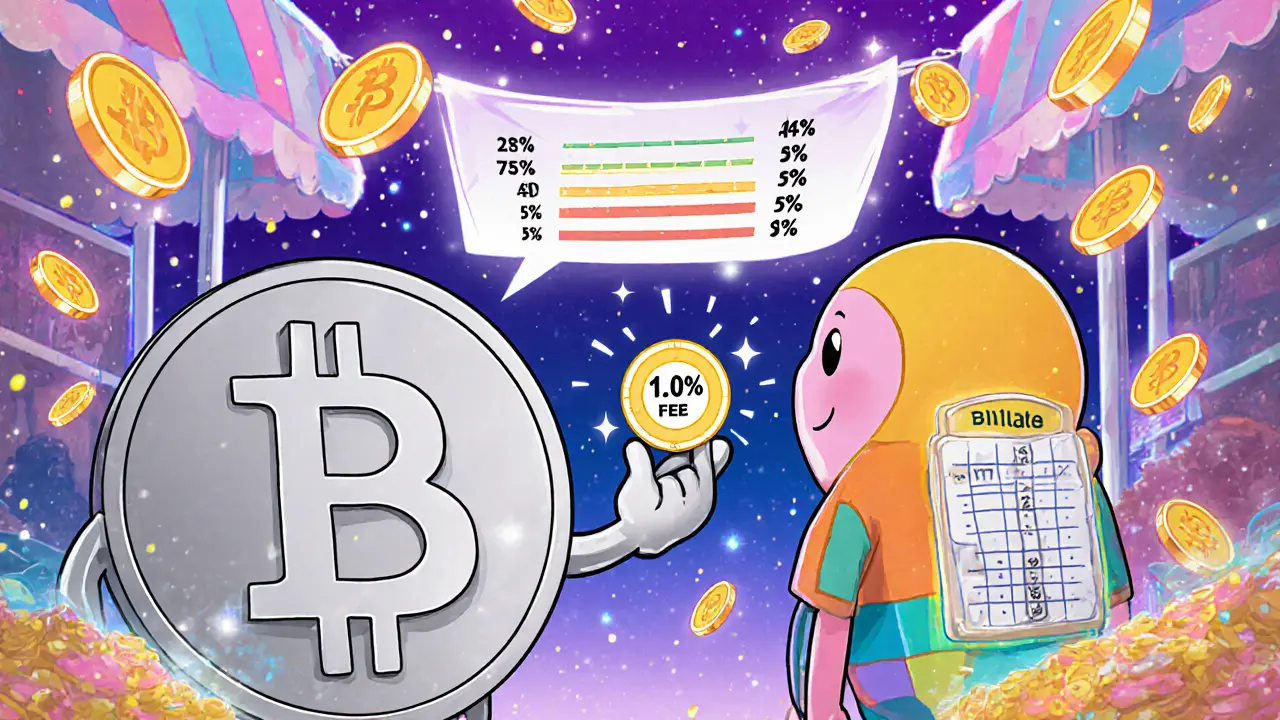 Bitcoin mascot shows 0.10% flat fee versus tiered fee mascot in a market scene.