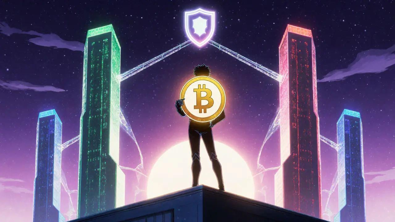 Confident figure holds glowing token beside illuminated validator towers.