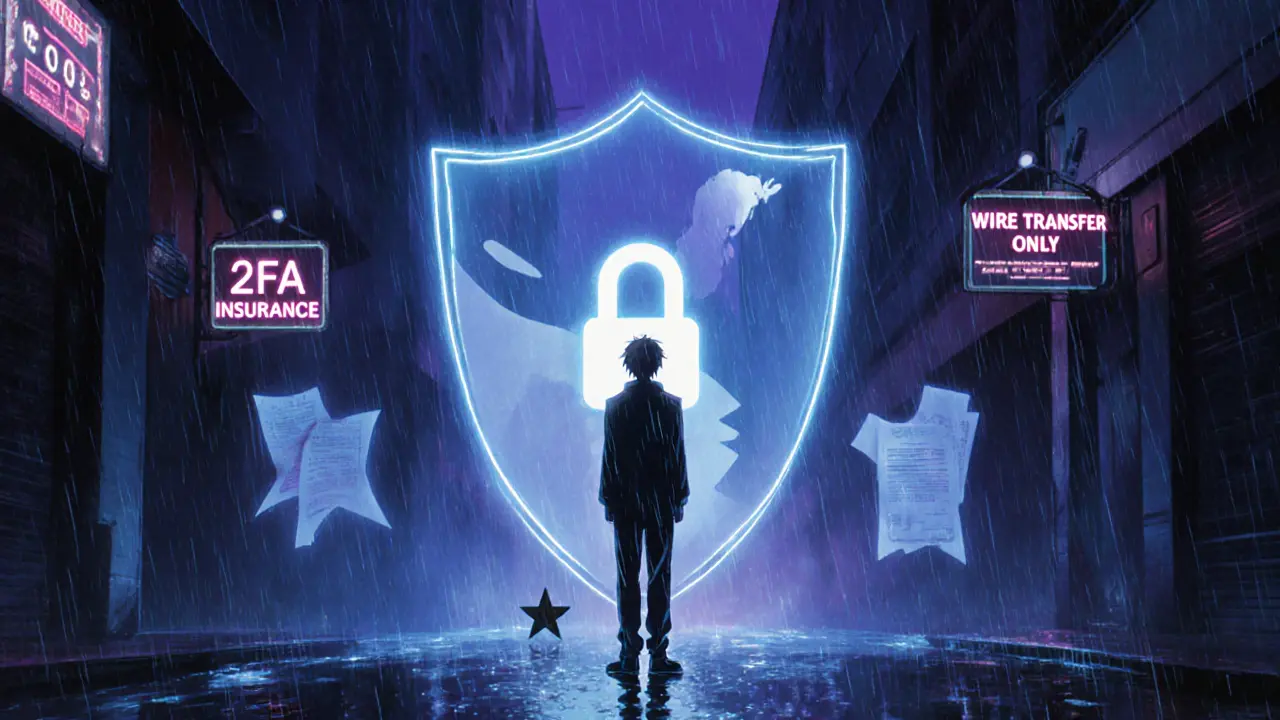 Figure before a translucent shield with lock, hinting at vague security and low rating.