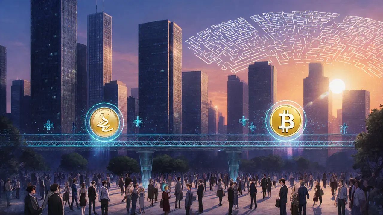 Futuristic cityscape with digital bridges connecting CBDCs and stablecoins, showing business exchanges.