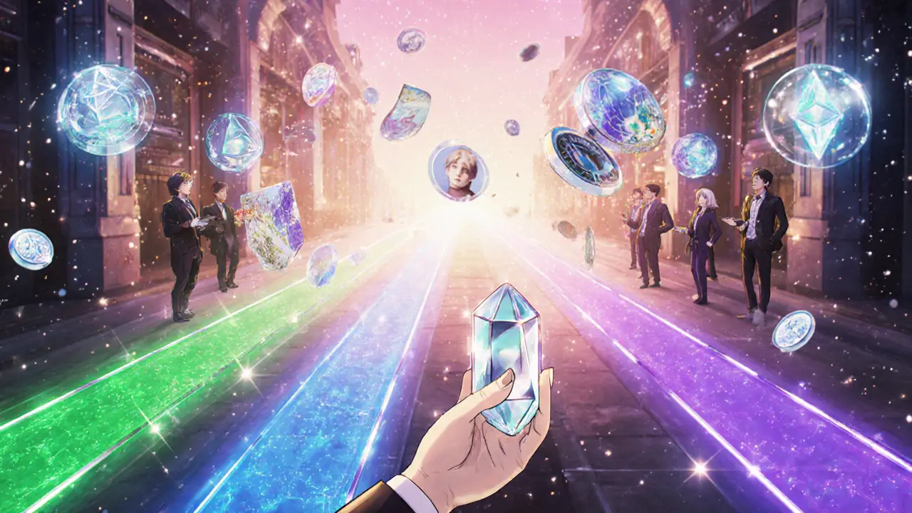 Futuristic marketplace with three glowing blockchain paths, floating NFTs, and a hero holding an APENFT token.