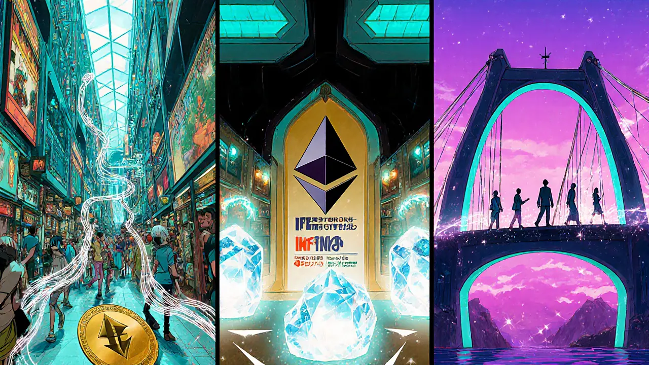 Manga collage showing marketplace, voting, and cross‑chain bridge phases.