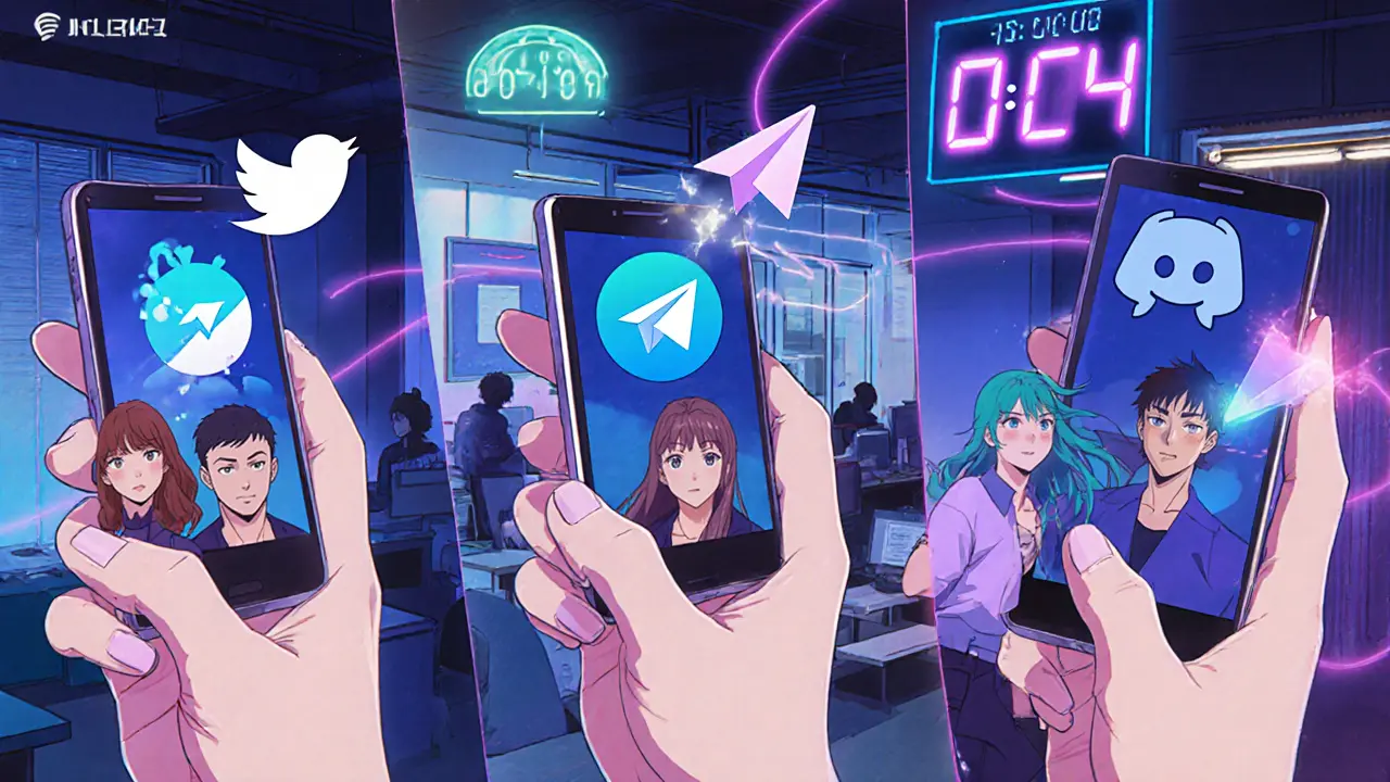 Protagonist using a phone to retweet, join Telegram, and tag friends on Discord with a countdown timer.