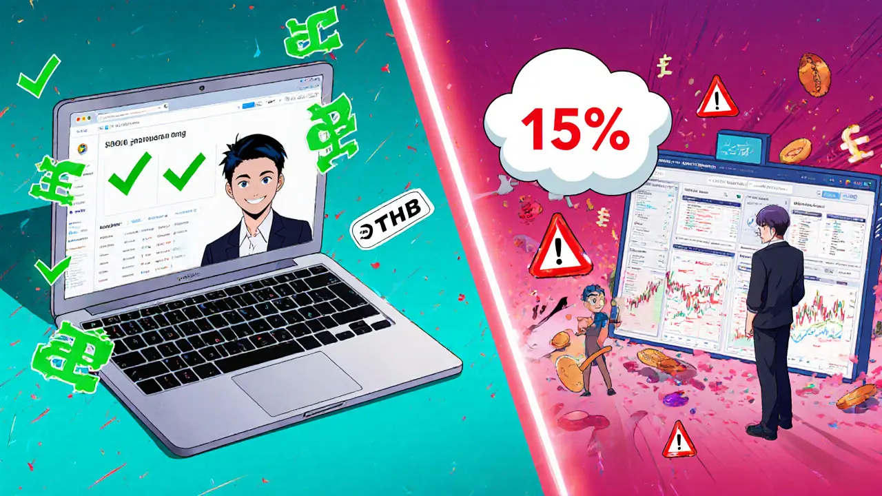 Split‑screen anime panel shows a happy trader on a licensed exchange with 0% tax versus a worried trader on an unlicensed platform facing 15% tax.