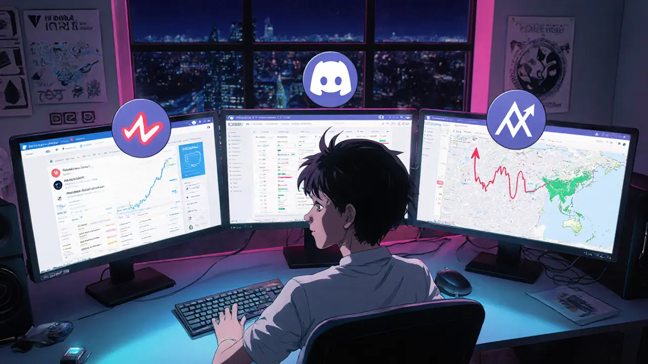 Teen at desk with multiple crypto tracking dashboards and floating icons.