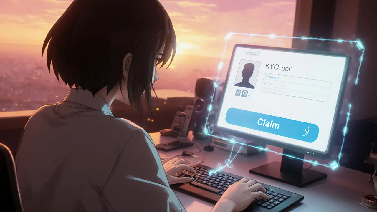 Teen connecting a wallet to a holographic claim portal with KYC icons.
