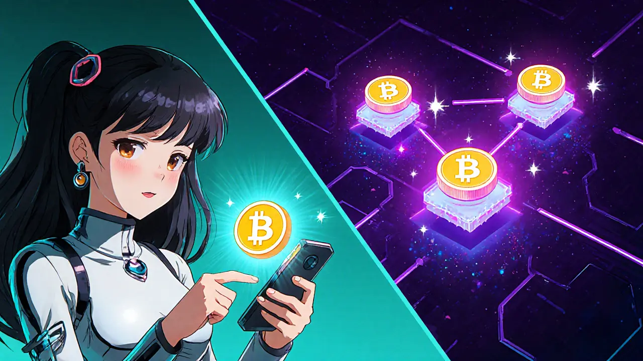 Young heroine tapping a USDC token as it moves instantly across a blockchain with validator nodes.